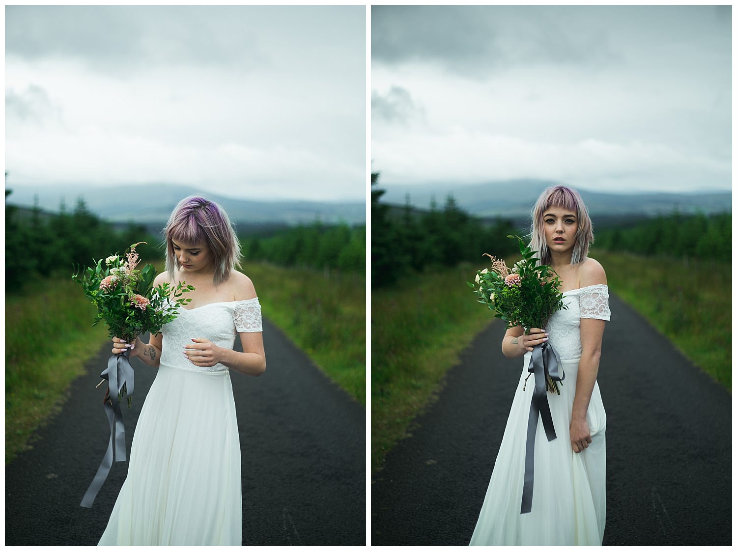 Bride with bob length purple hair along a tree lined path 