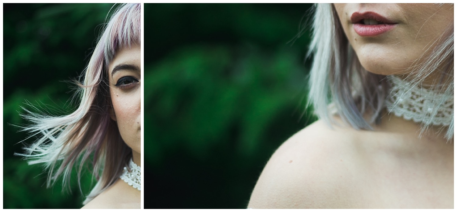 Close-up details of purple hair, a white lac choker and pink lipstick 