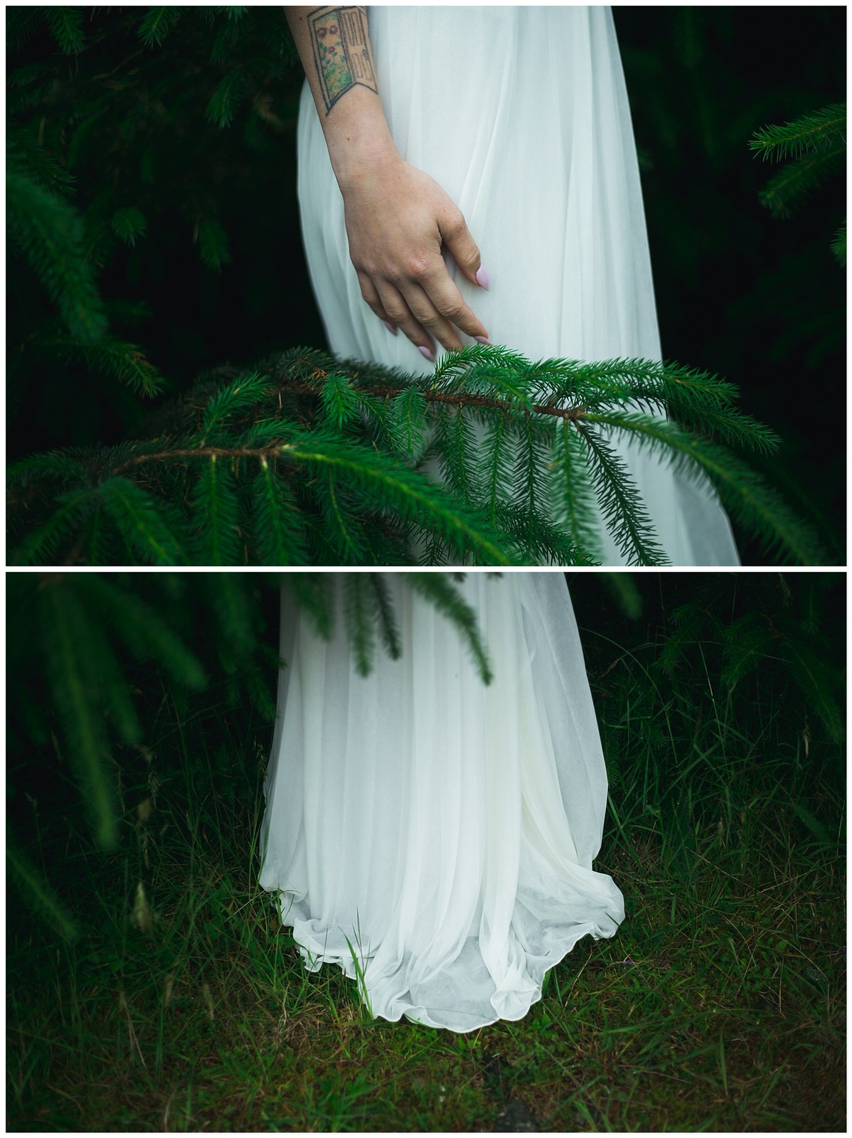 Detail shot of a flowing floor length white gown 