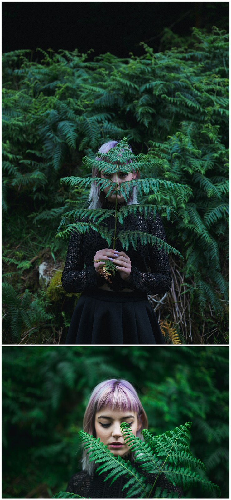 Girl with purple hair hiding behind a piece of fern plant in the woods