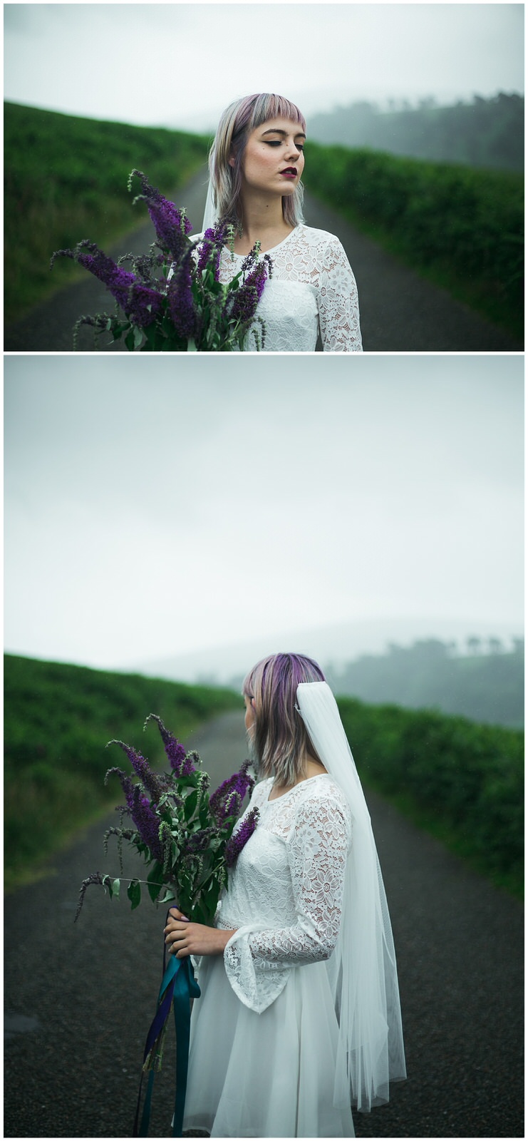 Portrait of a bride with a short wedding dress, veil and matching purple hair, flowers and lipstick