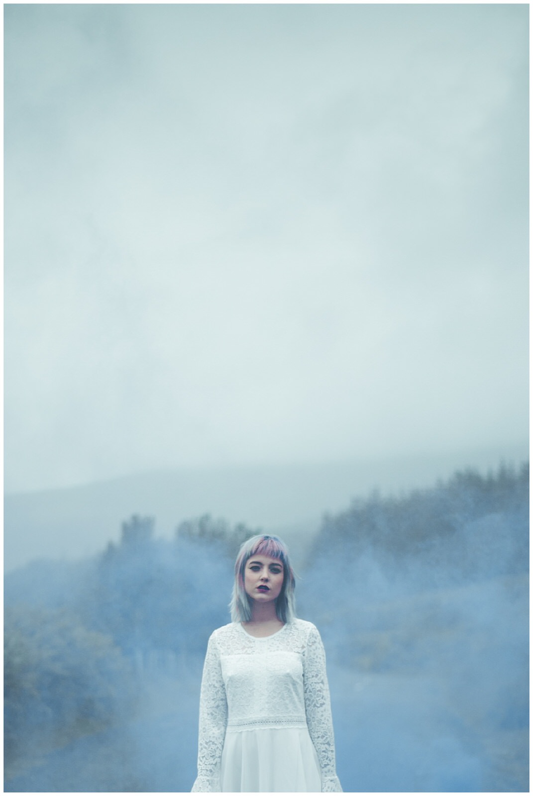 Hazy wedding portrait of a bride in the Wicklow Mountains near Sally's Gap