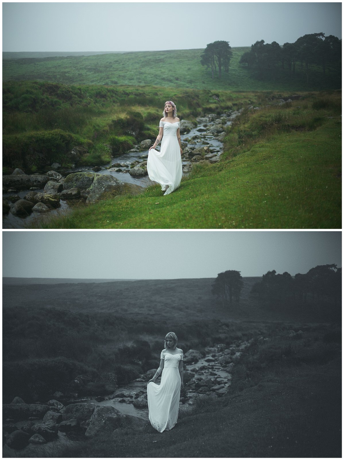 Colour & black and white image of a bride along a river in Sally's Gap Wicklow 