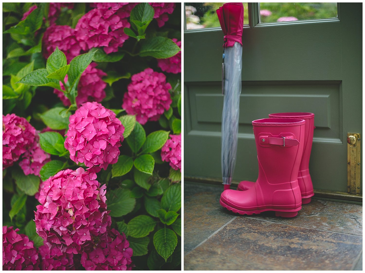 Bright pink hydrangeas & hot-pink hunter wellington boots
