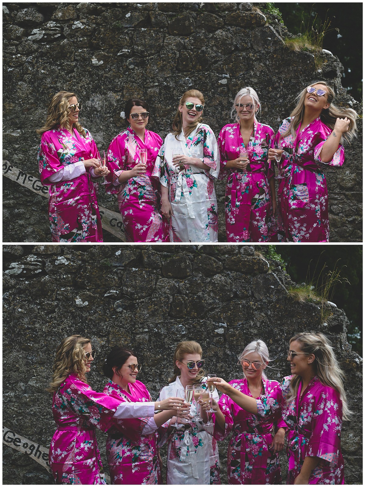 Bridesmaid and bridal party portrait in stylish sunglasses and dressing gowns