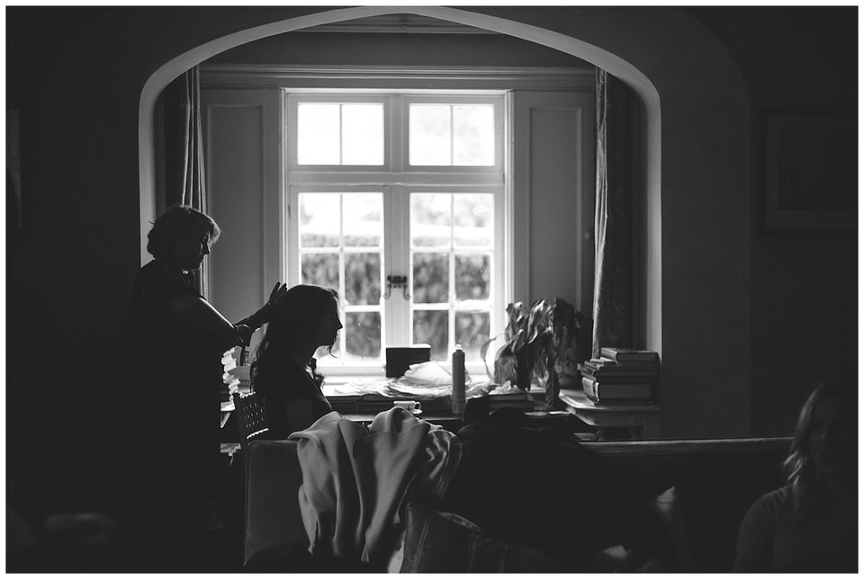 Monochrome photograph of bridal prep