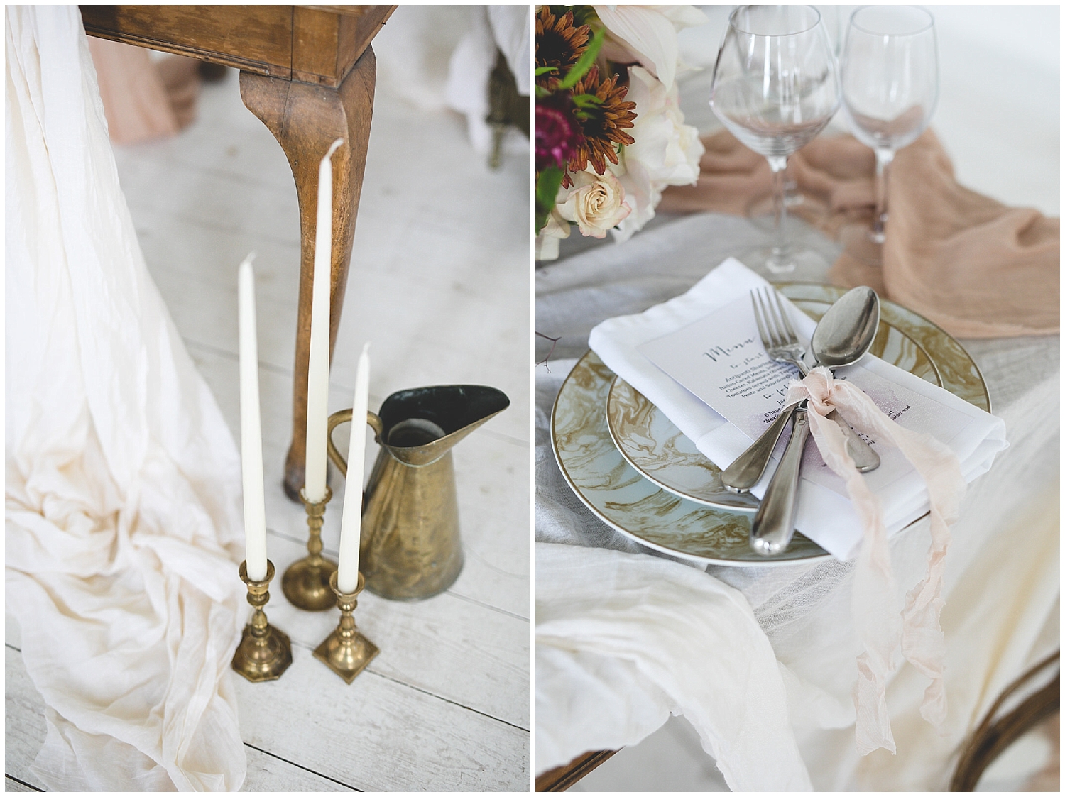 rustic table setting details with linens & gold