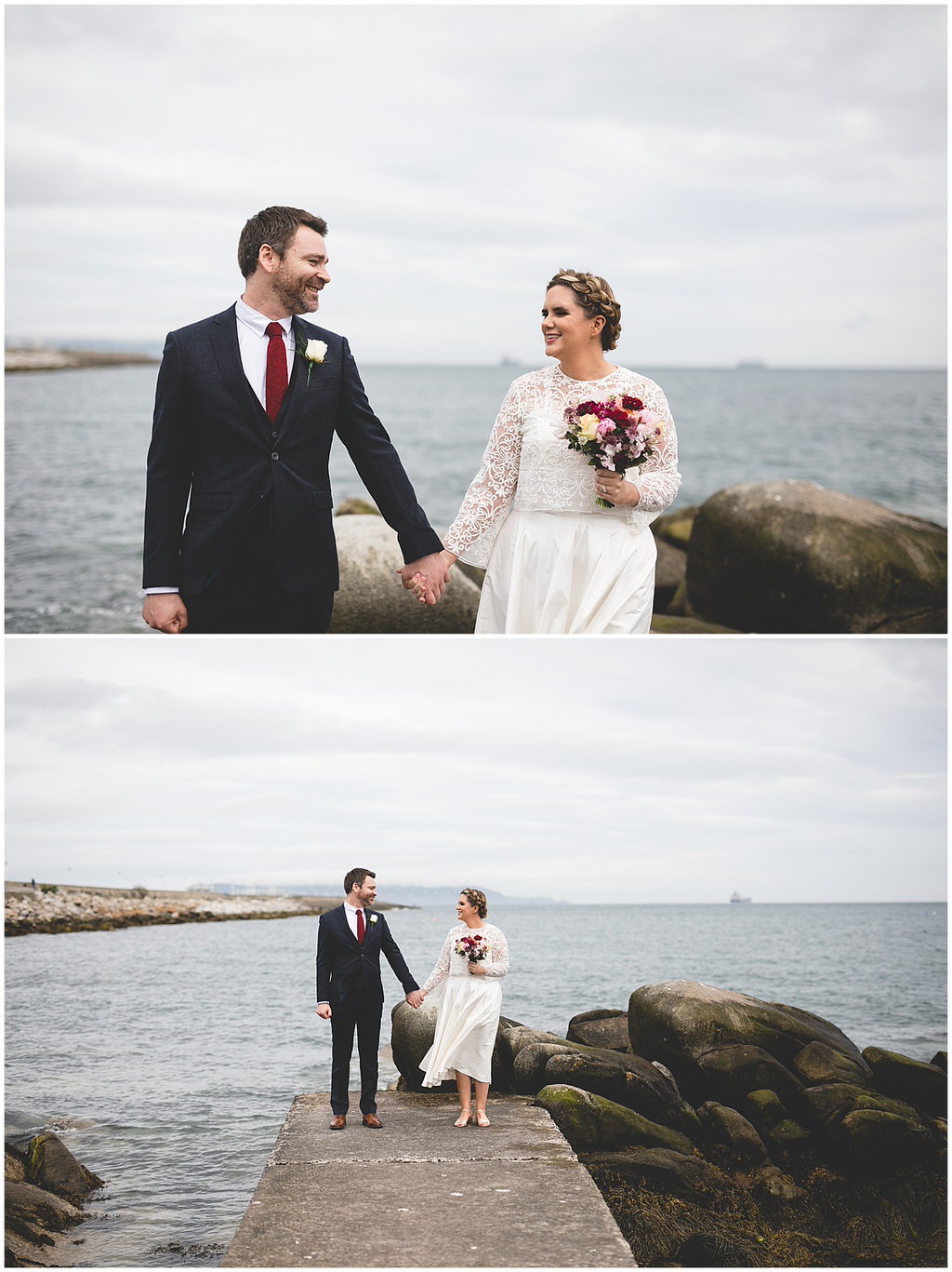 Couple holding hands at the end of a pier on their wedding day